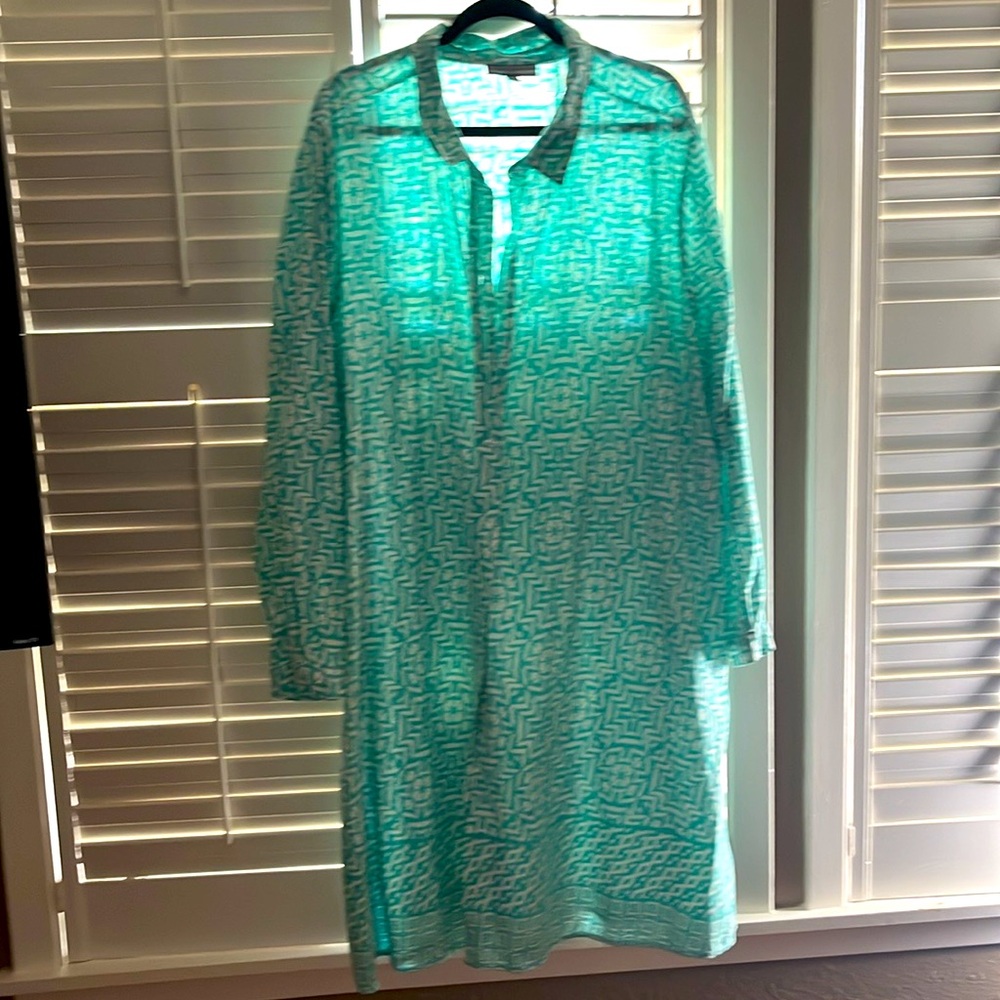 Jessica London Teal and White Patterned Long Sleeve Dress